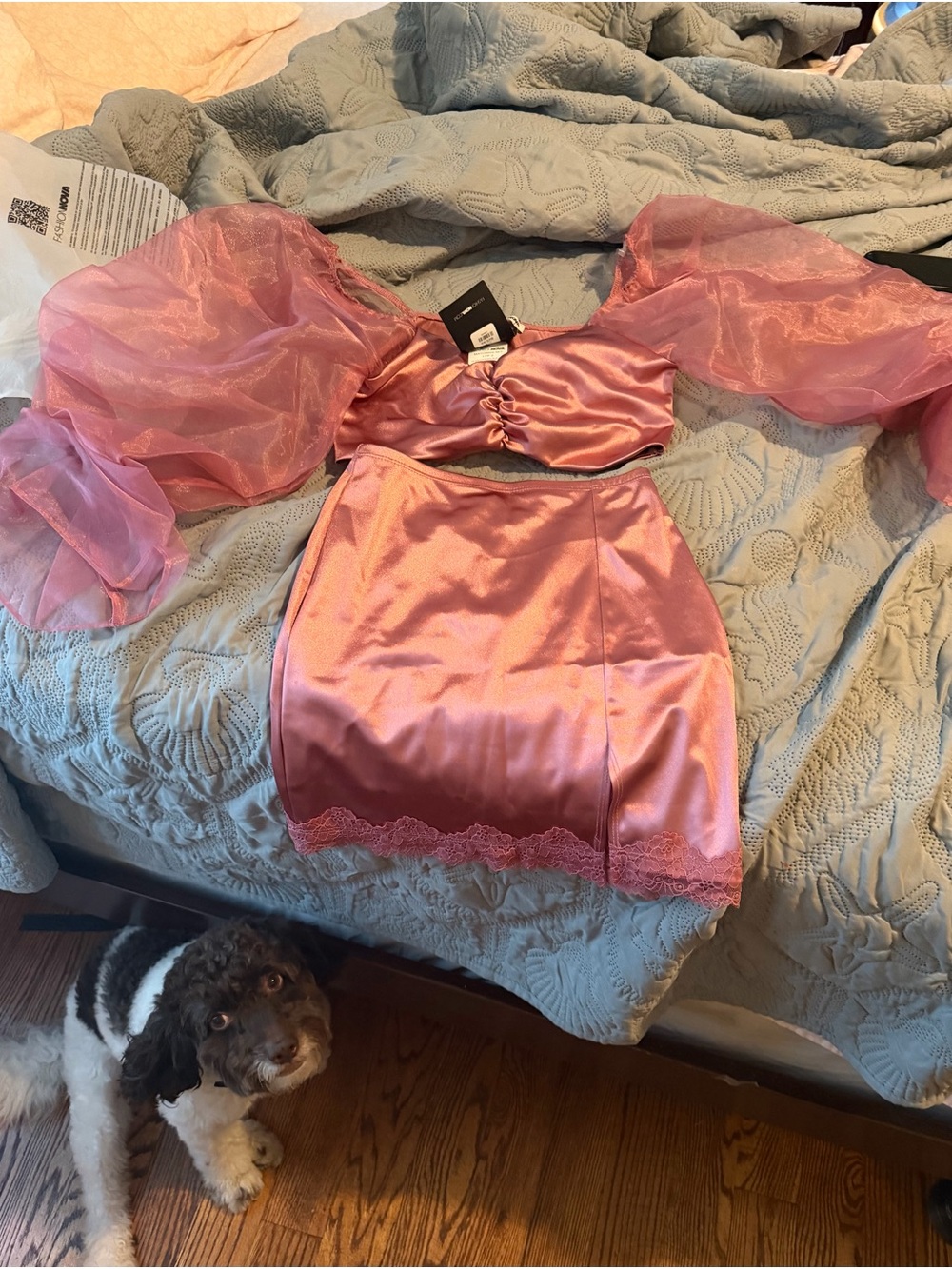 Fashion Nova Pink Satin Puff-Sleeve Crop Top & Lace-Trim Mini Skirt Set